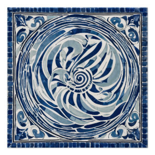 Blue White Swirl Pattern 02 Poster