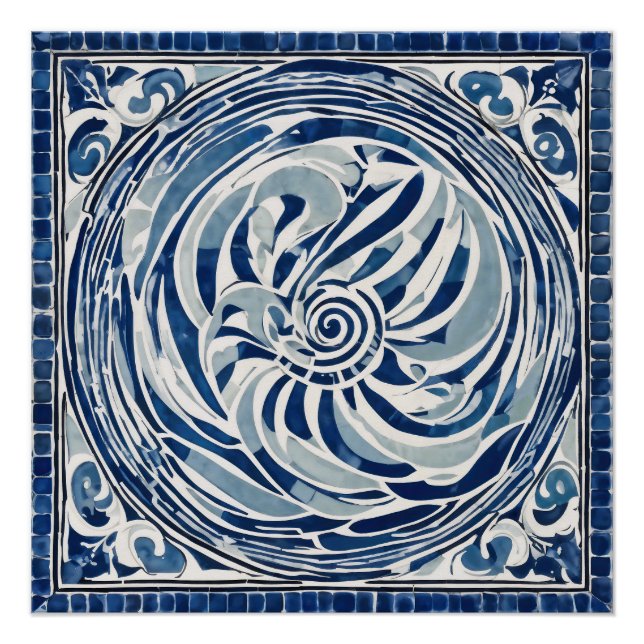 Blue White Swirl Pattern 02 Poster (Front)