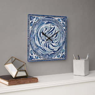 Blue White Swirl Pattern 02 Square Wall Clock