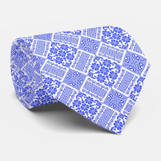 Blue & White Tatreez Henna Thobe Pattern Tie (Rolled)