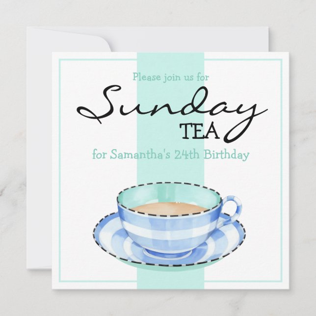 Blue White Teacup white green Birthday Invitation (Front)