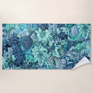Blue White Teal Garden Flowers Pattern Beach Towel