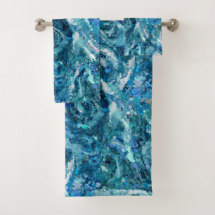 Blue White Teal Sea Waves Abstraction Pattern Bath Towel Set