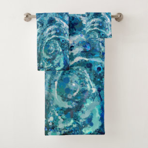 Blue White Teal Sea Waves Splash Abstraction Bath Towel Set