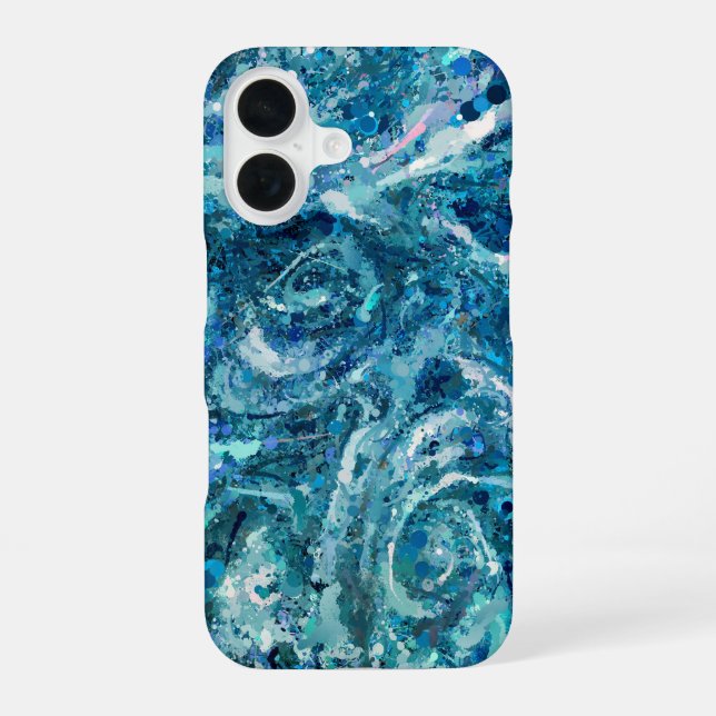 Blue White Teal Sea Waves Splash Abstraction iPhone 16 Case (Back)