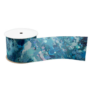Blue White Teal Sea Waves Splash Abstraction Satin Ribbon