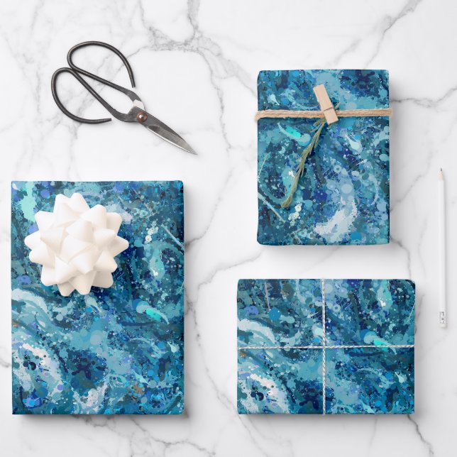 Blue White Teal Sea Waves Splash Abstraction Wrapping Paper Sheet (Front)