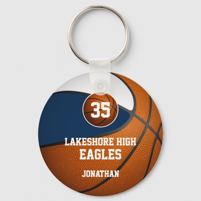 Blue white team colours boys' basketball gifts keychain (Front)