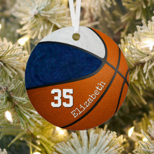 blue white team colours girl basketball player metal ornament