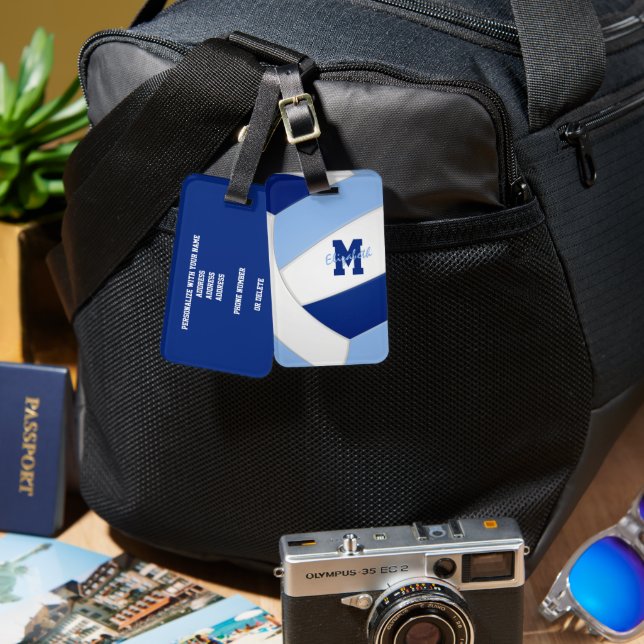 blue white team colours monogrammed volleyball luggage tag (Front & Back)