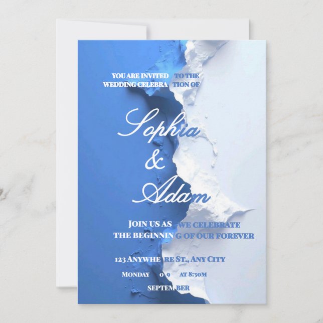 Blue & White Textured Art Wedding Invitation  (Front)