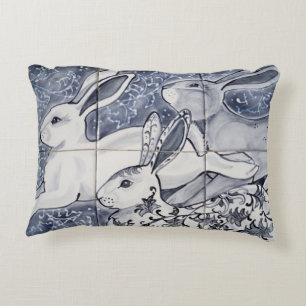 Blue White Three Hare Rabbit Chinoiserie Tile Art Accent Pillow