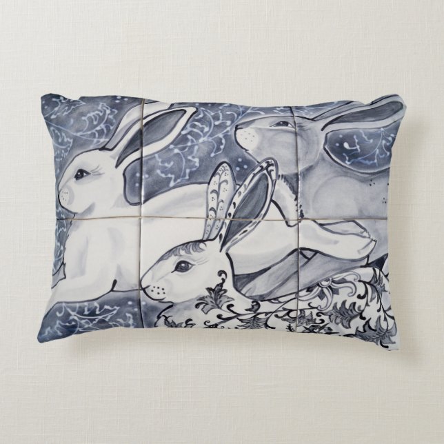 Blue White Three Hare Rabbit Chinoiserie Tile Art Accent Pillow (Back)