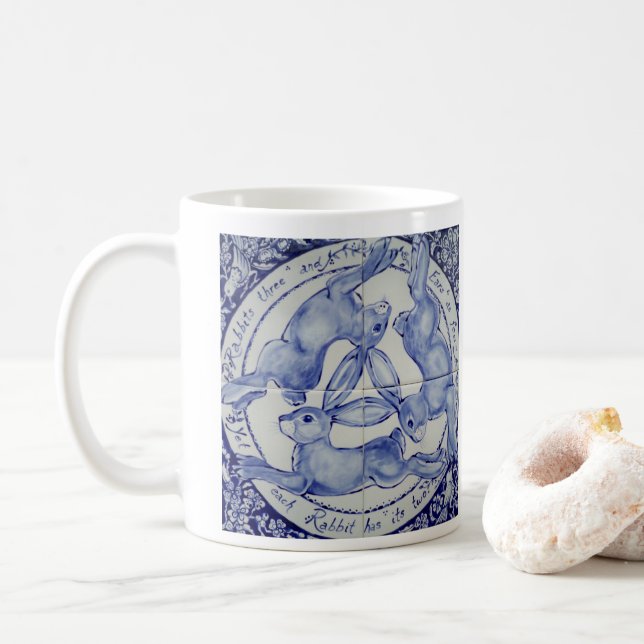 Blue & White Three Hares Rabbits Medallion Symbol Coffee Mug (With Donut)