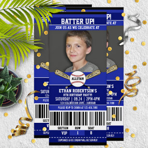 Blue White Ticket Style Baseball Birthday Party Invitation