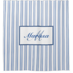 Blue White Ticking Stripes  Farmhouse Monogrammed