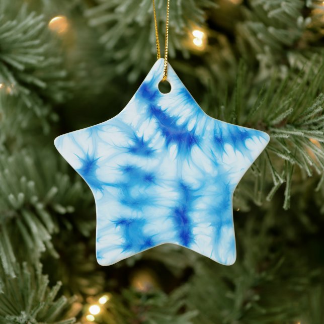 Blue White Tie Dye Ceramic Ornament (Tree)