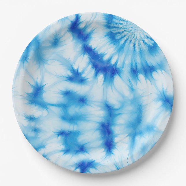 Blue White Tie Dye Paper Plate (Front)