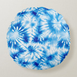 Blue White Tie Dye  Round Pillow