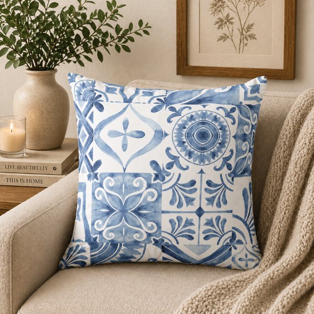 Blue & White Tile Inspired  Throw Pillow (Creator Uploaded)