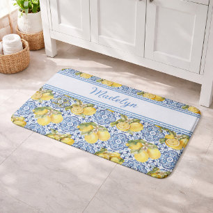 Blue White Tile Lemon Mediterranean Pattern Name Bath Mat