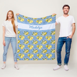 Blue White Tile Lemon Mediterranean Pattern Name Fleece Blanket