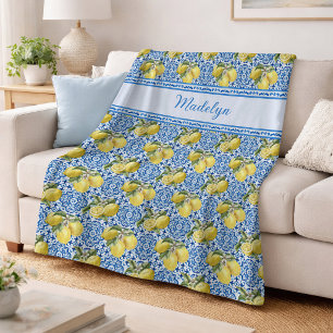 Blue White Tile Lemon Mediterranean Pattern Name Fleece Blanket