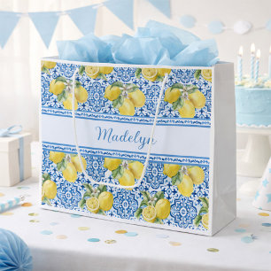 Blue White Tile Lemon Mediterranean Pattern Name Large Gift Bag