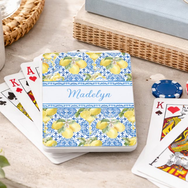 Blue White Tile Lemon Mediterranean Pattern Name Playing Cards (Creator Uploaded)