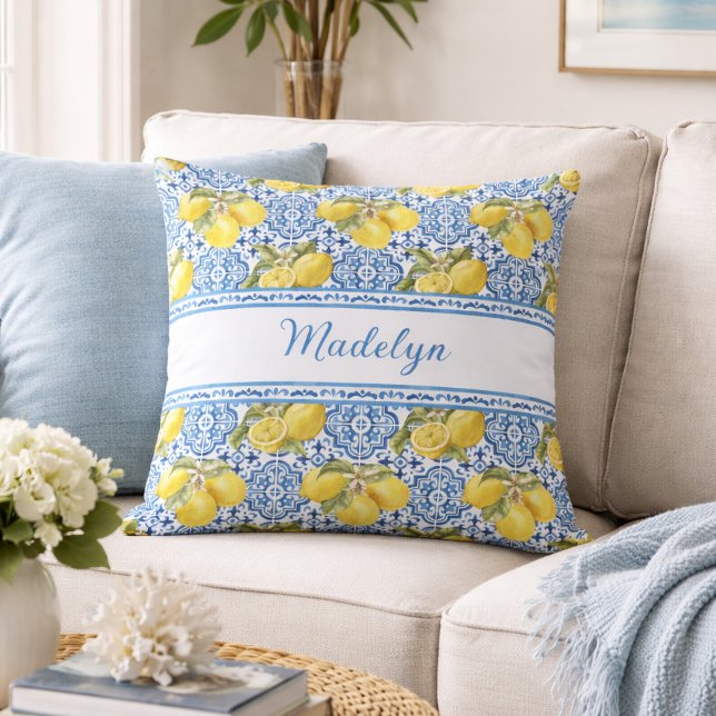 Blue White Tile Lemon Mediterranean Pattern Name Throw Pillow (Creator Uploaded)