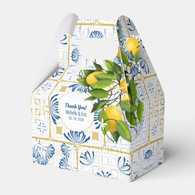 Blue White Tile Lemon Mediterranean Wedding Favor Box (Front Side)