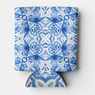 Blue white tile, watercolor seamless pattern. can cooler