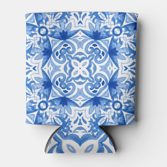 Blue white tile, watercolor seamless pattern. can cooler (Front)