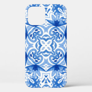 Blue white tile, watercolor seamless pattern. iPhone 12 case