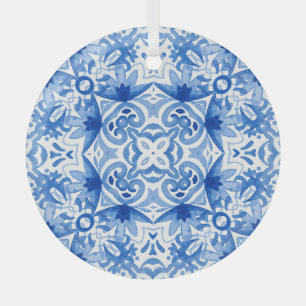 Blue white tile, watercolor seamless pattern. glass ornament