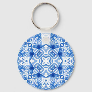 Blue white tile, watercolor seamless pattern. keychain