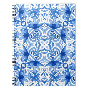 Blue white tile, watercolor seamless pattern. notebook