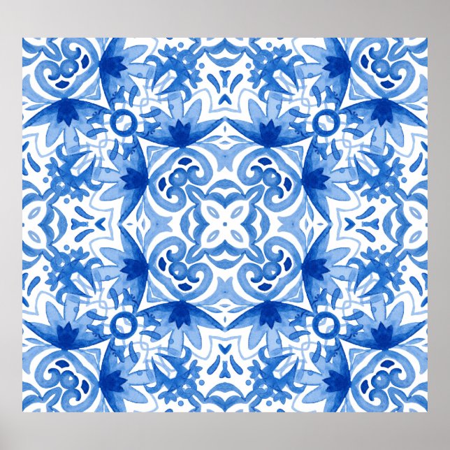 Blue white tile, watercolor seamless pattern. poster (Front)