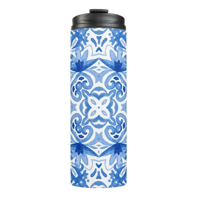 Blue white tile, watercolor seamless pattern. thermal tumbler (Front)