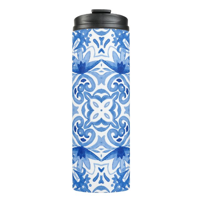 Blue white tile, watercolor seamless pattern. thermal tumbler (Front)