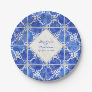 Blue White Tile Wedding Watercolor Rustic Country Paper Plate