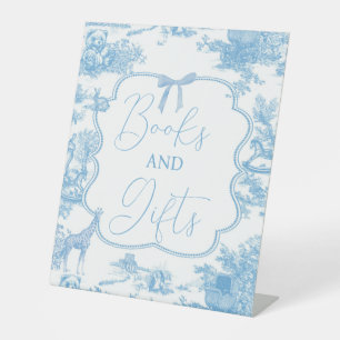 Blue White Toile de Jouy Bear Books and Gifts Pedestal Sign