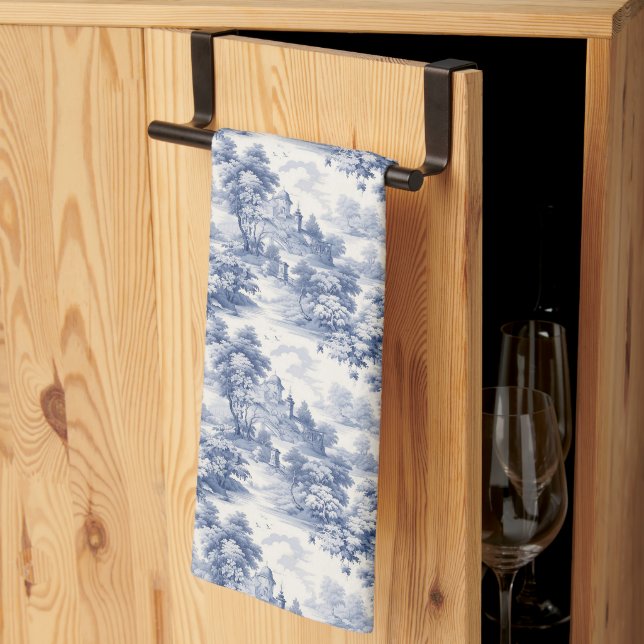 Blue White Toile Floral Country French  Kitchen Towel (Thirds Fold)