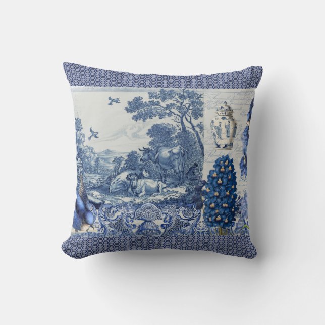 Blue White Toile Flowers n Bird Collage French Throw Pillow (Front)