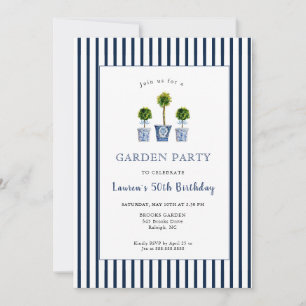 Blue & White Topiaries Garden Birthday Party  Invitation