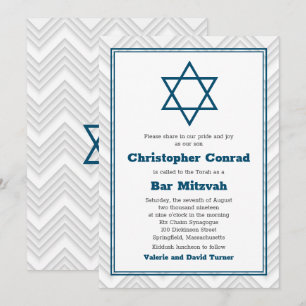 Blue White Traditional Bar Mitzvah Invitation