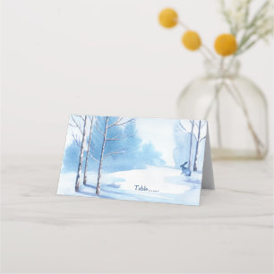 Blue White Trees Rabbit Winter Wedding Place Card