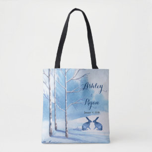 Blue White Trees Rabbits Winter Wedding Bag