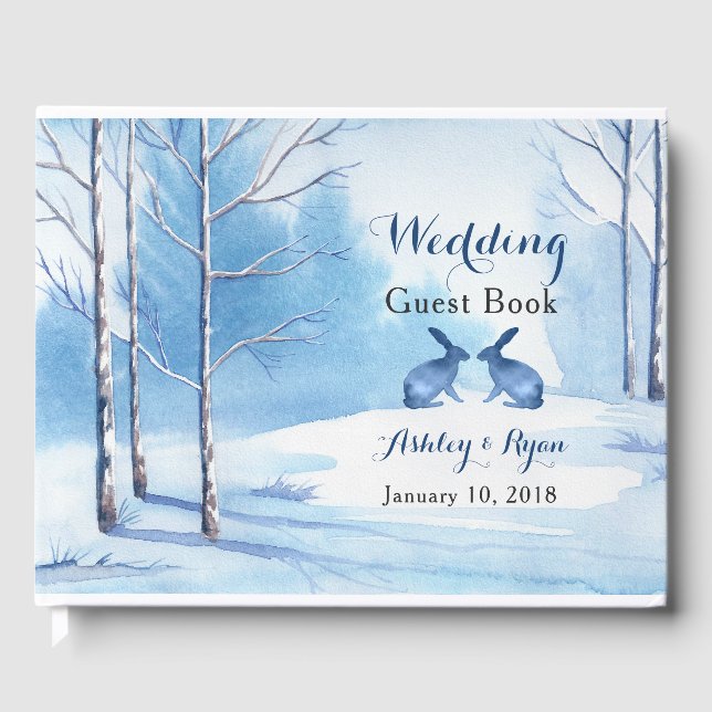 Blue White Trees Rabbits Winter Wedding Guest Book (Front)