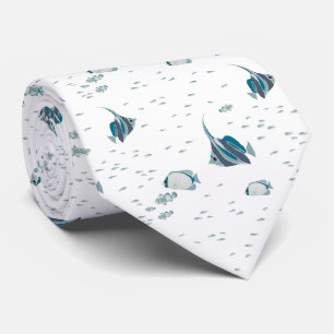 Blue White Tropical Fish Ocean Pattern Tie